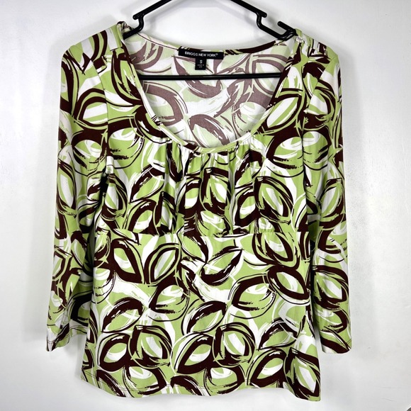 Briggs New York Tops - Y2K Womens Abstract Print Top Size S Green Brown White 3/4 Sleeve 90s